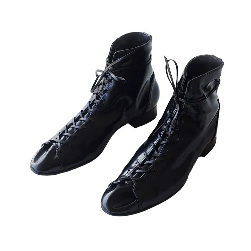 Black Glossy Lace-Up Ankle Boots