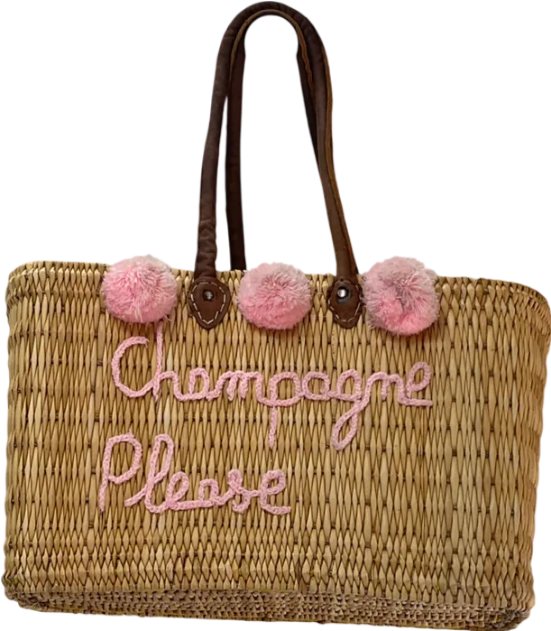  Champagne Please Large leather handle Straw Bag
