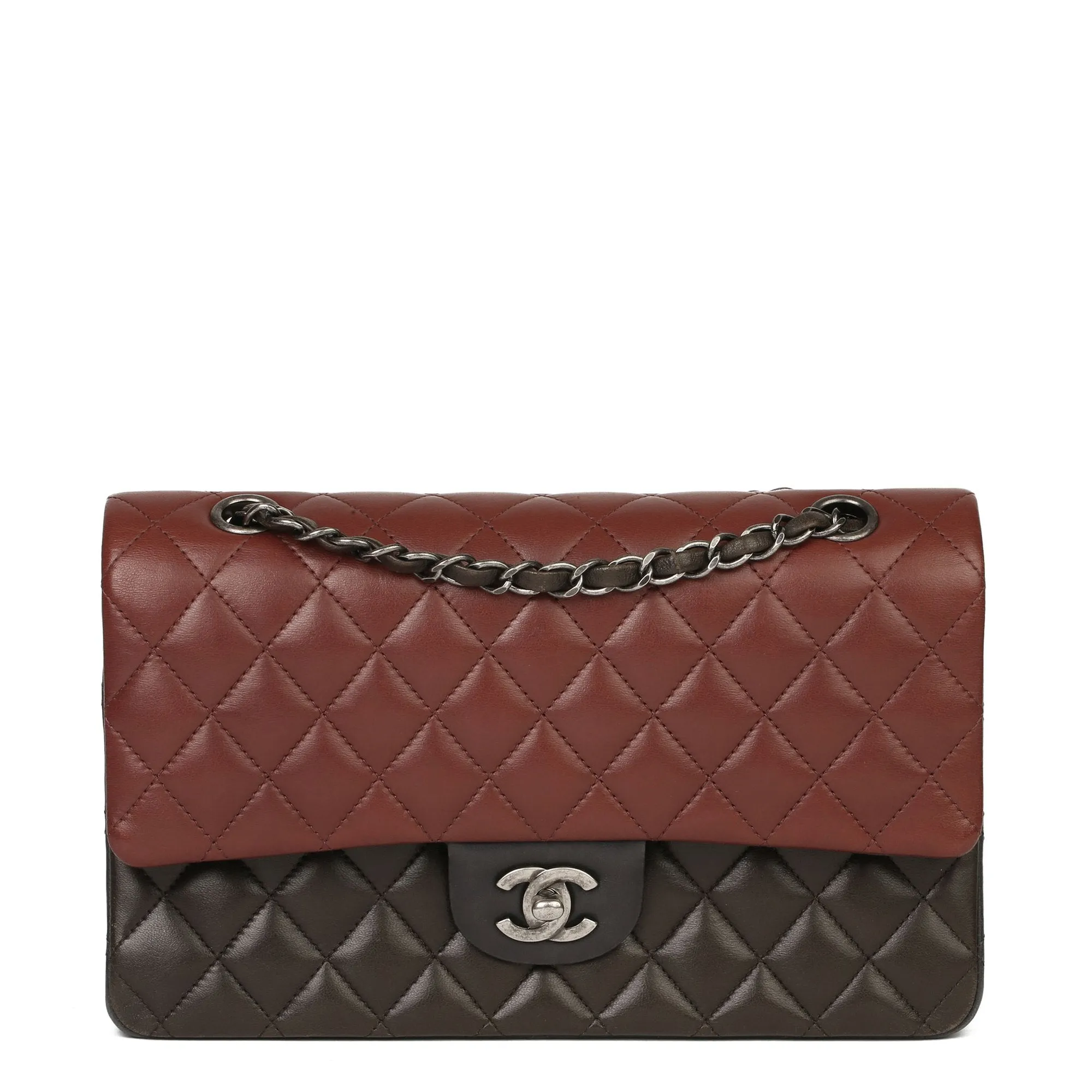 Chanel Burgundy, Black & Khaki Lambskin Medium Classic Double Flap Bag