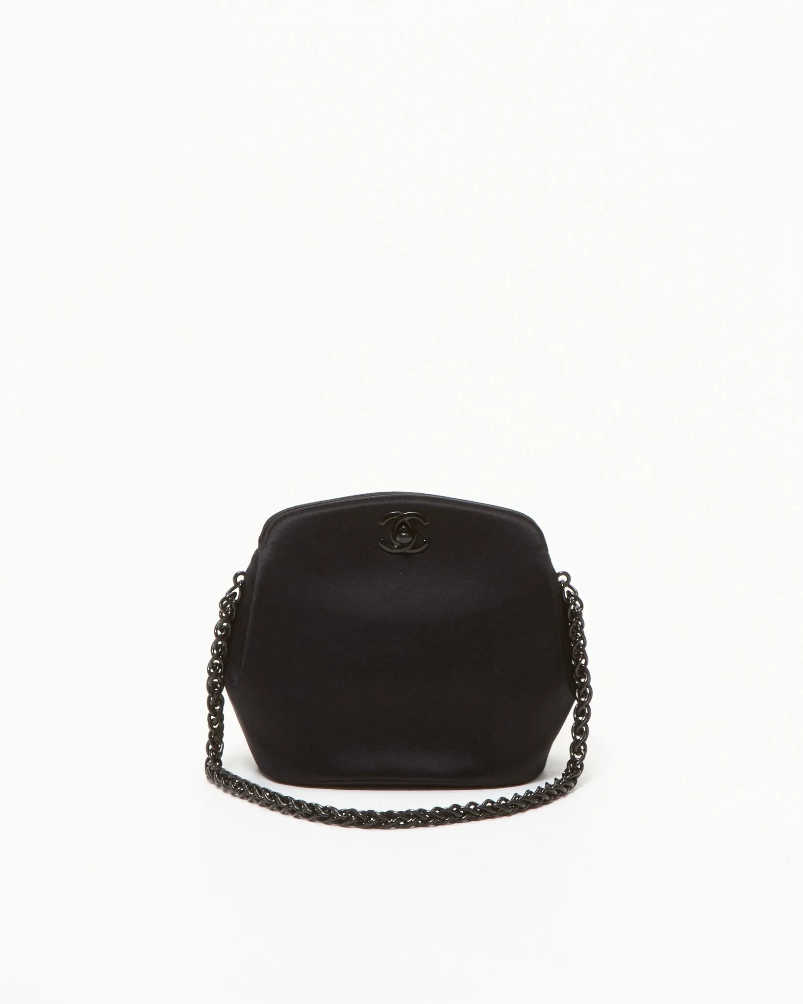 Chanel Vintage All Black Satin Evening Chain Clutch