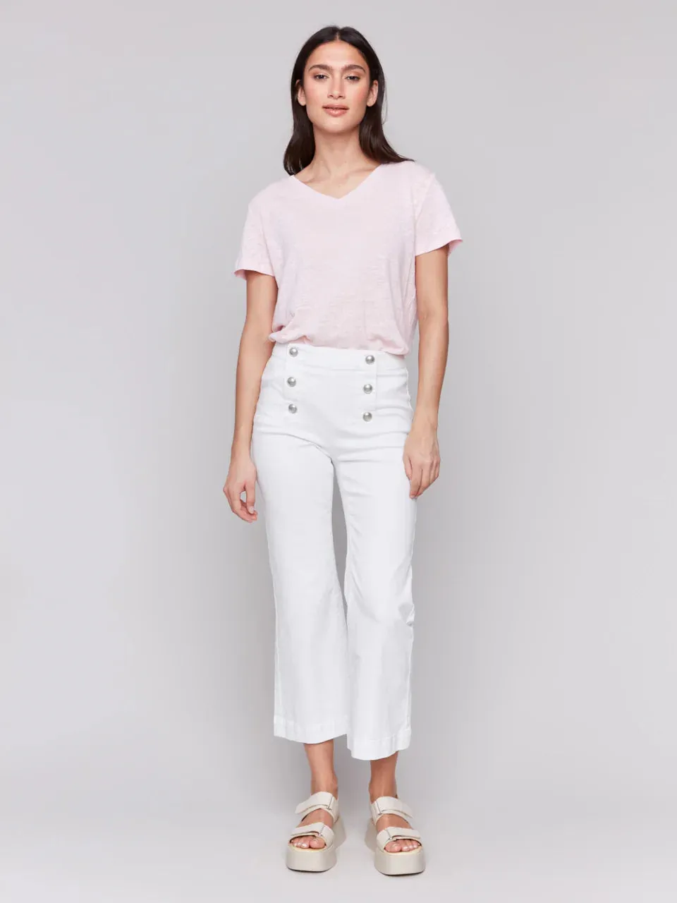 Cropped Pull-On Flare Jeans with Front Buttons - White