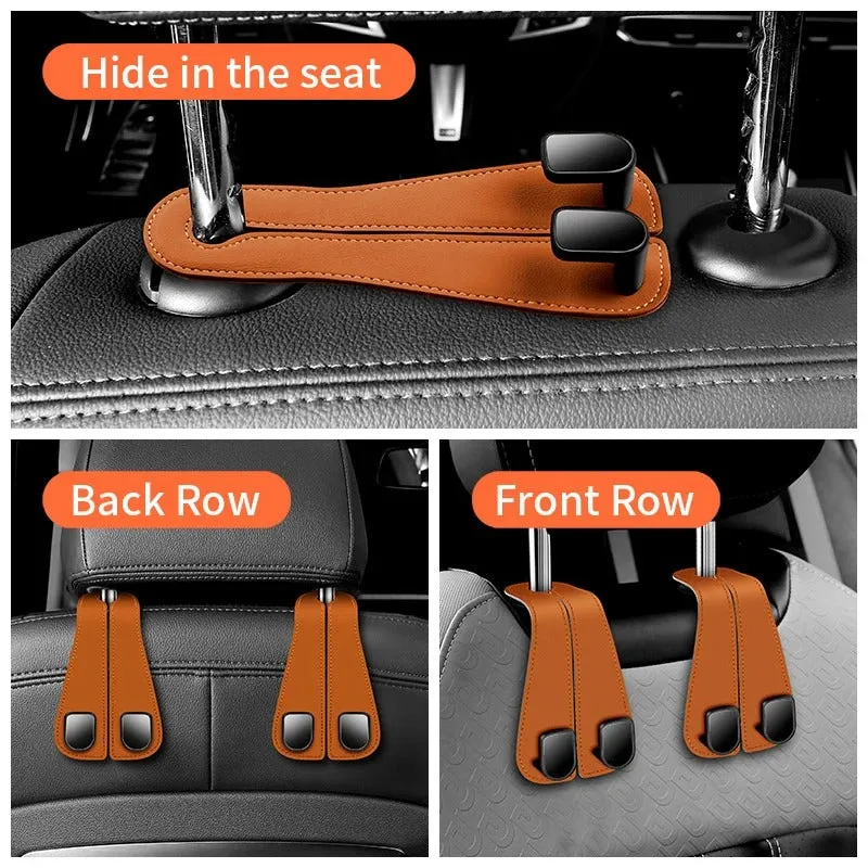 Durable Car Seat Back Double Hook – Leather Hanging Bag Storage Organizer