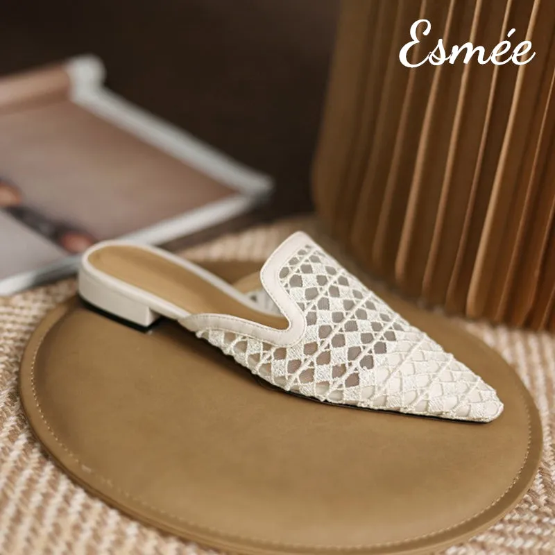 Embroidered Cotton Mules with Open Mesh Design