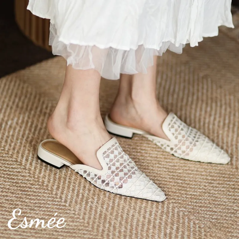 Embroidered Cotton Mules with Open Mesh Design