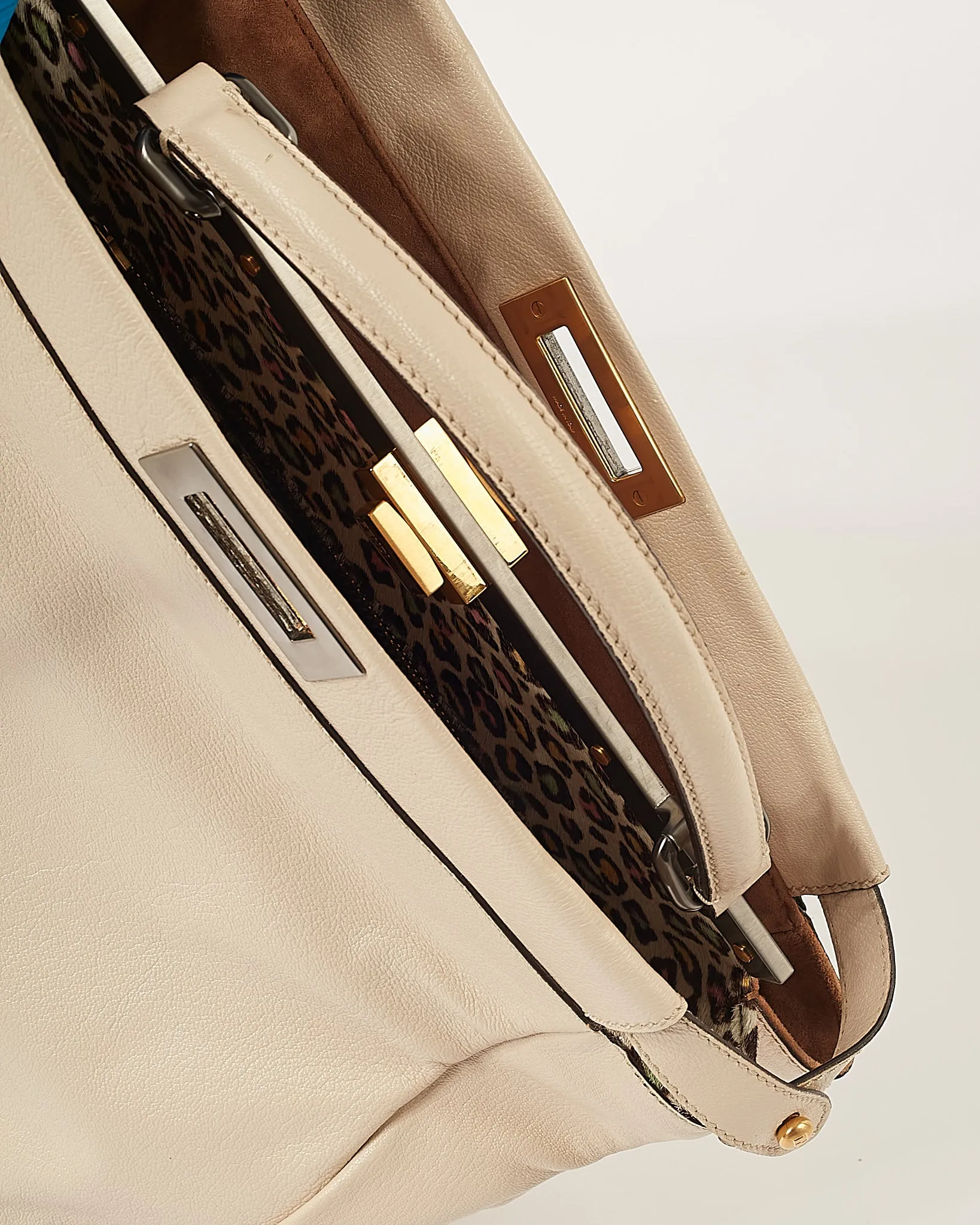 Fendi Cream Leather Multicolour Leopard Pony Hair Large Peekaboo Tote