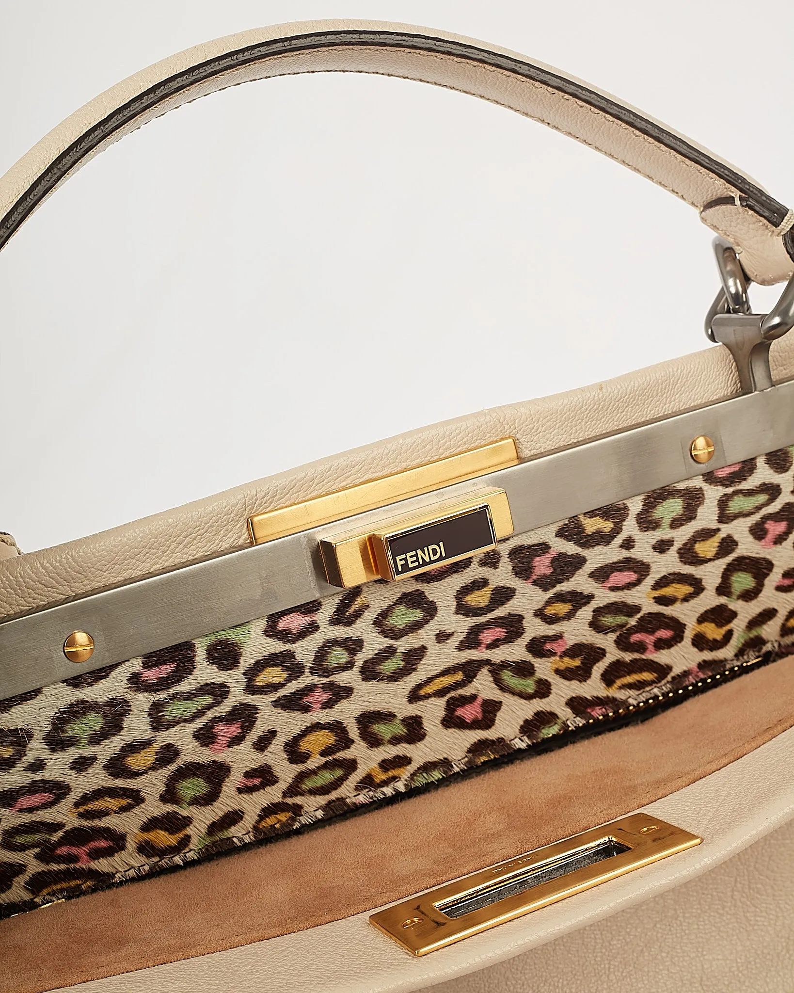 Fendi Cream Leather Multicolour Leopard Pony Hair Large Peekaboo Tote