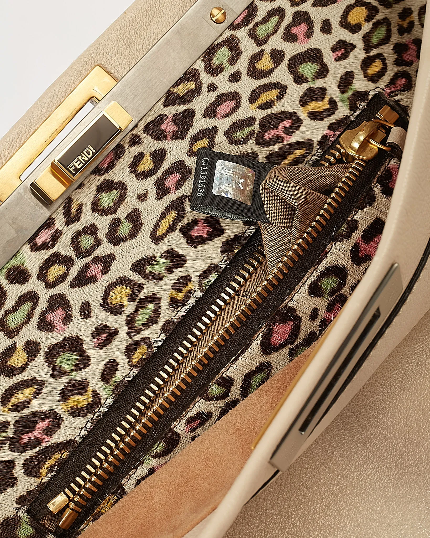 Fendi Cream Leather Multicolour Leopard Pony Hair Large Peekaboo Tote
