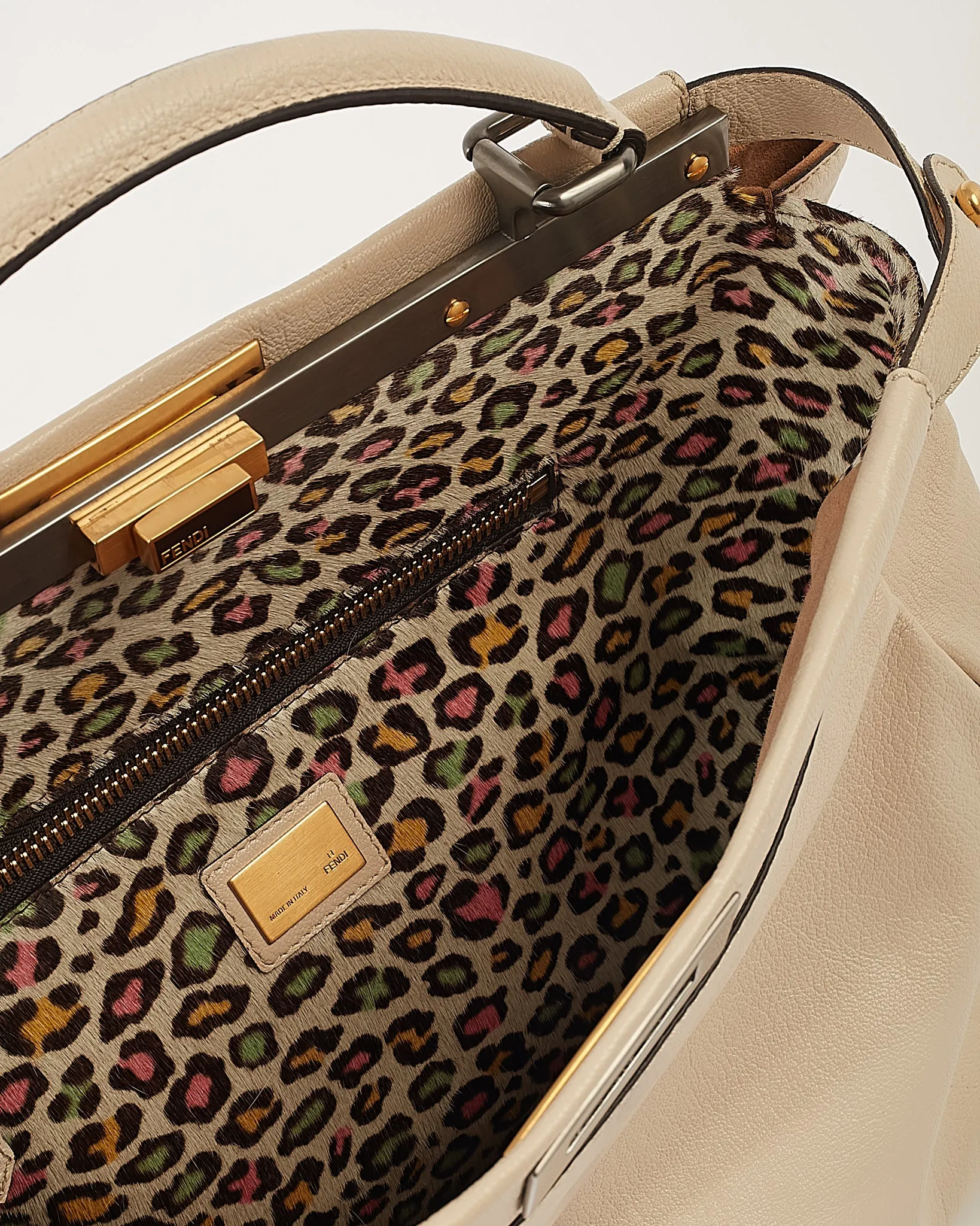 Fendi Cream Leather Multicolour Leopard Pony Hair Large Peekaboo Tote