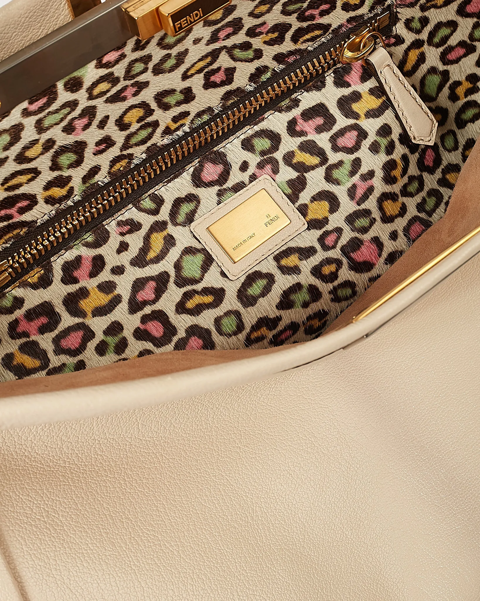 Fendi Cream Leather Multicolour Leopard Pony Hair Large Peekaboo Tote