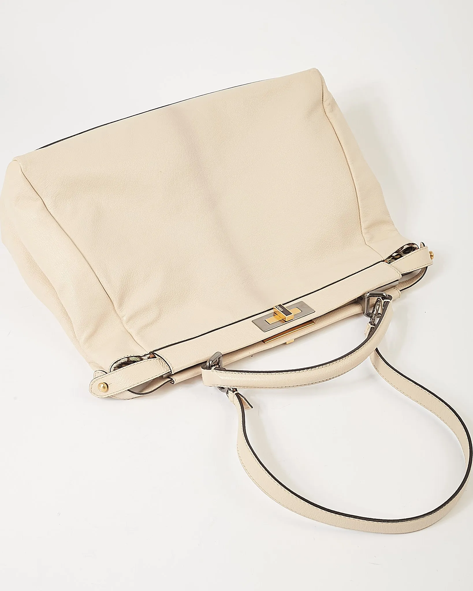 Fendi Cream Leather Multicolour Leopard Pony Hair Large Peekaboo Tote