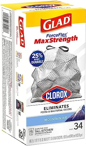 Glad ForceFlex MaxStrength with Clorox Tall Kitchen Drawstring Trash Bags, 13 Gallon Grey Trash Bags, Mountain Air Scent, 34 Count