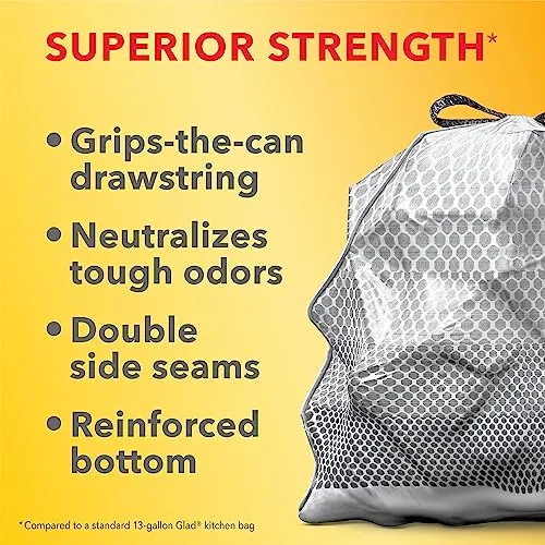 Glad ForceFlex MaxStrength with Clorox Tall Kitchen Drawstring Trash Bags, 13 Gallon Grey Trash Bags, Mountain Air Scent, 34 Count