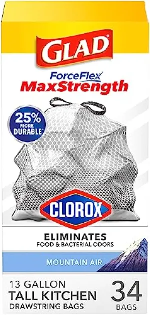 Glad ForceFlex MaxStrength with Clorox Tall Kitchen Drawstring Trash Bags, 13 Gallon Grey Trash Bags, Mountain Air Scent, 34 Count