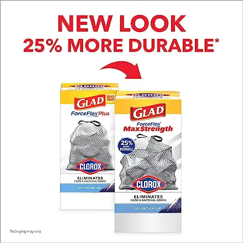 Glad ForceFlex MaxStrength with Clorox Tall Kitchen Drawstring Trash Bags, 13 Gallon Grey Trash Bags, Mountain Air Scent, 34 Count