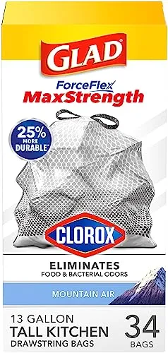 Glad ForceFlex MaxStrength with Clorox Tall Kitchen Drawstring Trash Bags, 13 Gallon Grey Trash Bags, Mountain Air Scent, 34 Count