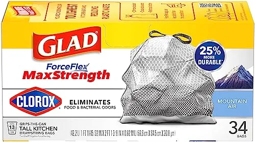 Glad ForceFlex MaxStrength with Clorox Tall Kitchen Drawstring Trash Bags, 13 Gallon Grey Trash Bags, Mountain Air Scent, 34 Count
