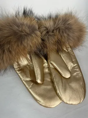 GOLD METALLIC LEATHER MITTENS FUR TRIM [MTHZ01-GOLD]
