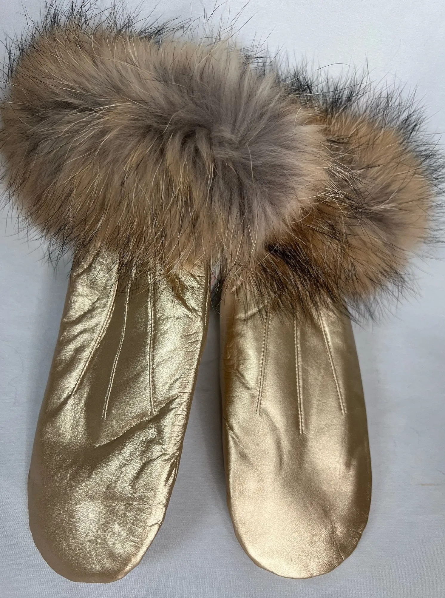 GOLD METALLIC LEATHER MITTENS FUR TRIM [MTHZ01-GOLD]