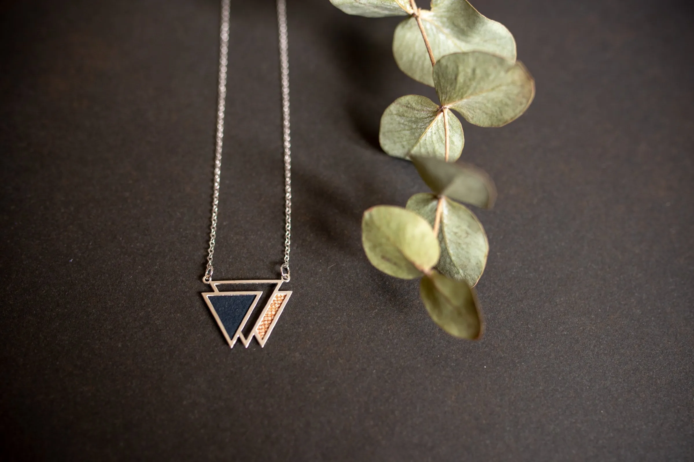 Handmade Geometric TRIANGLE necklaces silver plated and recycled leather navy