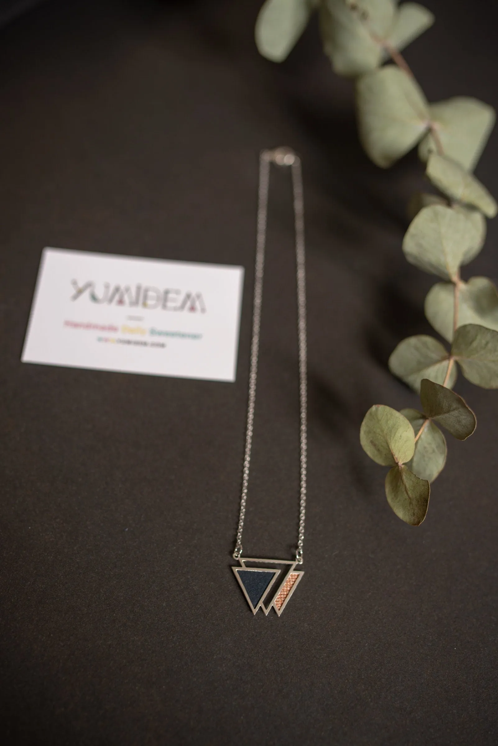 Handmade Geometric TRIANGLE necklaces silver plated and recycled leather navy
