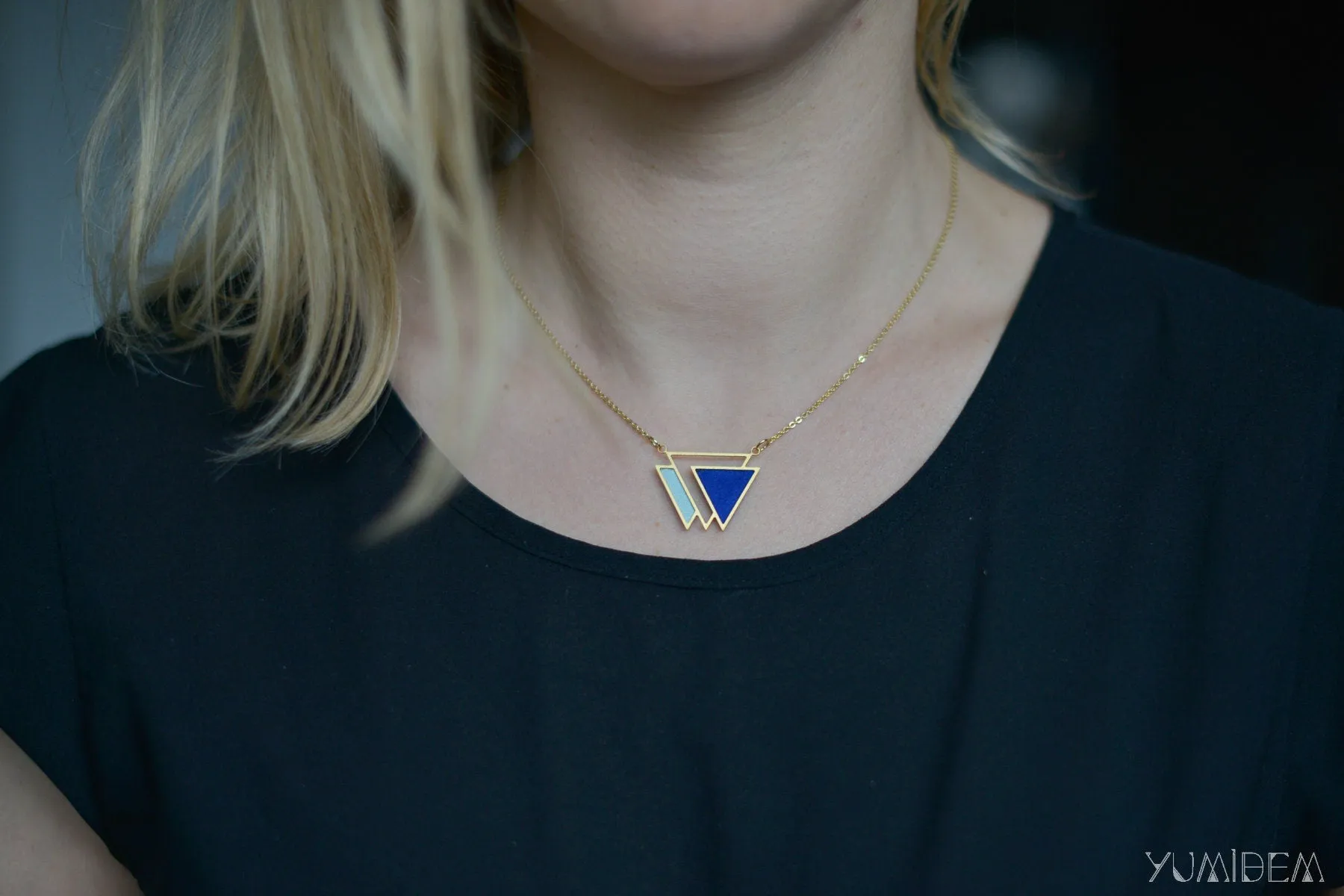 Handmade Geometric TRIANGLE necklaces silver plated and recycled leather navy