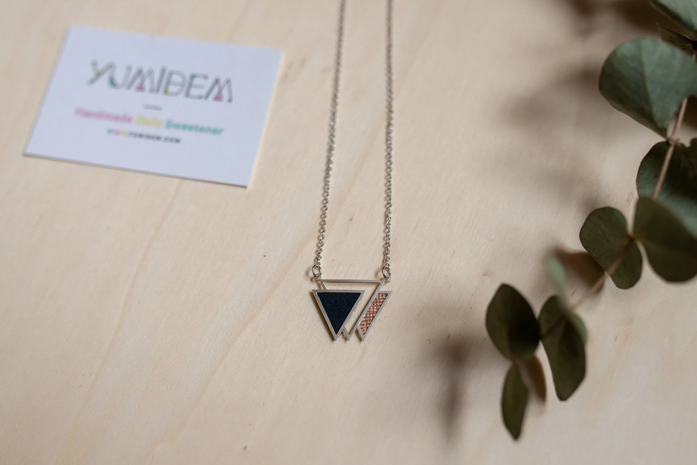 Handmade Geometric TRIANGLE necklaces silver plated and recycled leather navy