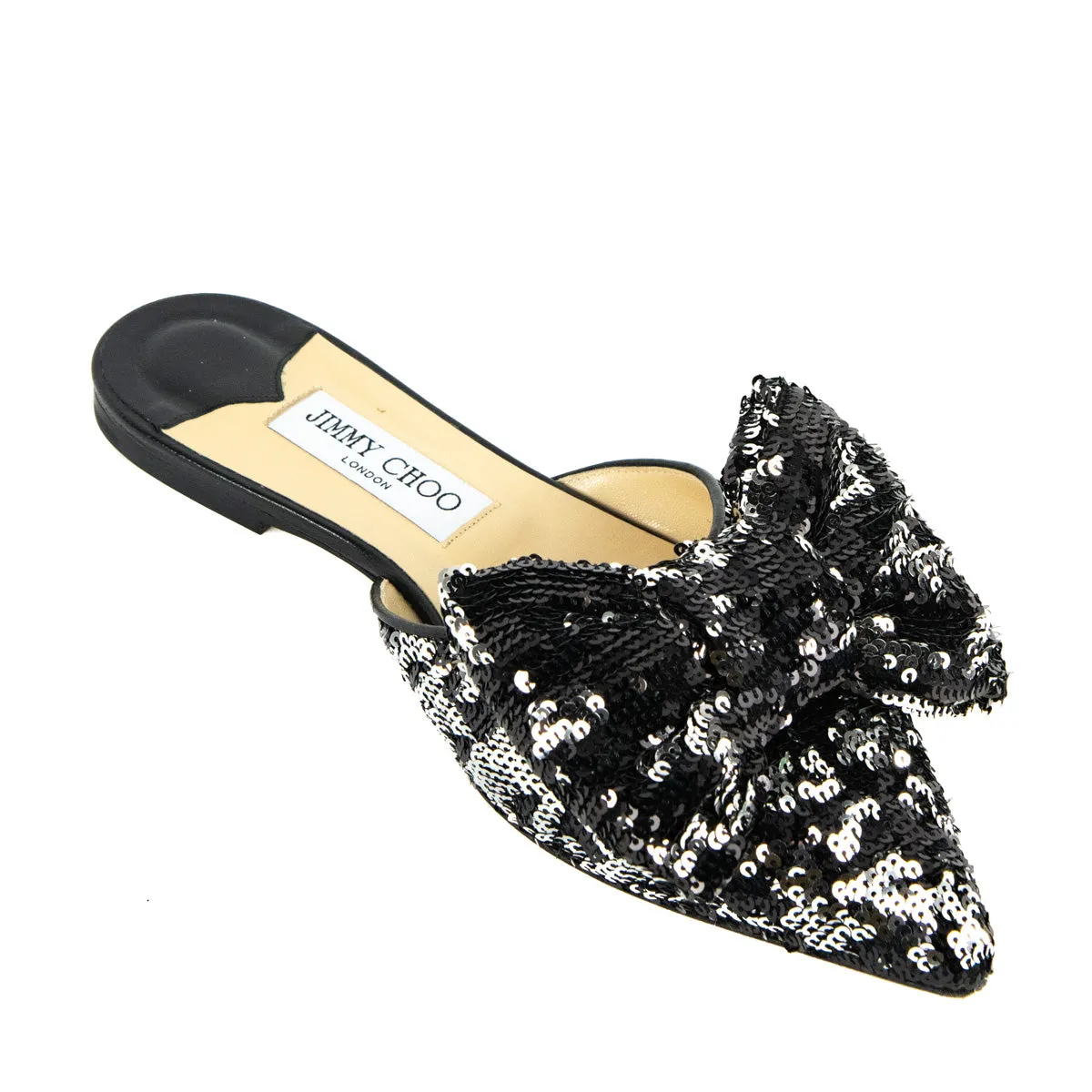 Jimmy Choo Black & Silver Sequin Bow Mules Size US 10 | EU 40