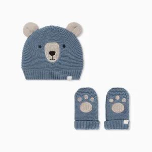 Knitted Bear Hat & Mittens Set