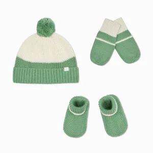 Knitted Colorblock Beanie, Mittens & Booties