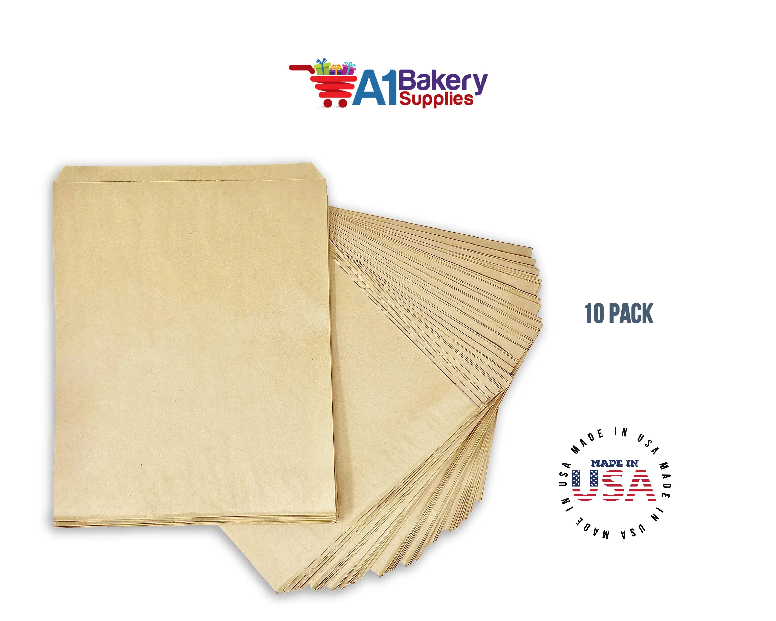 Kraft Brown Flat Paper Merchandise Bags 10 pack by A1 Bakery Supplies (12x15)