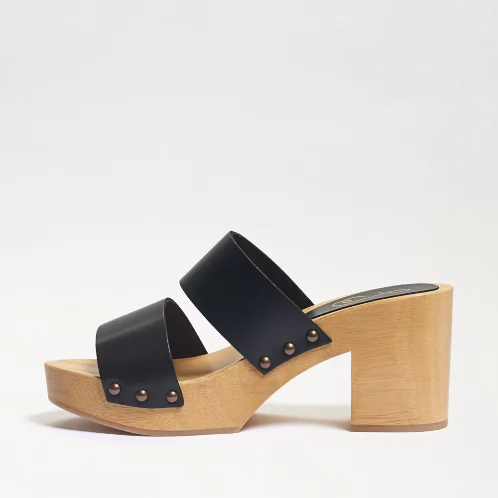 Sam Edelman Brandy Black Leather Double Strap Slip On Open Toe Block Heel Mules