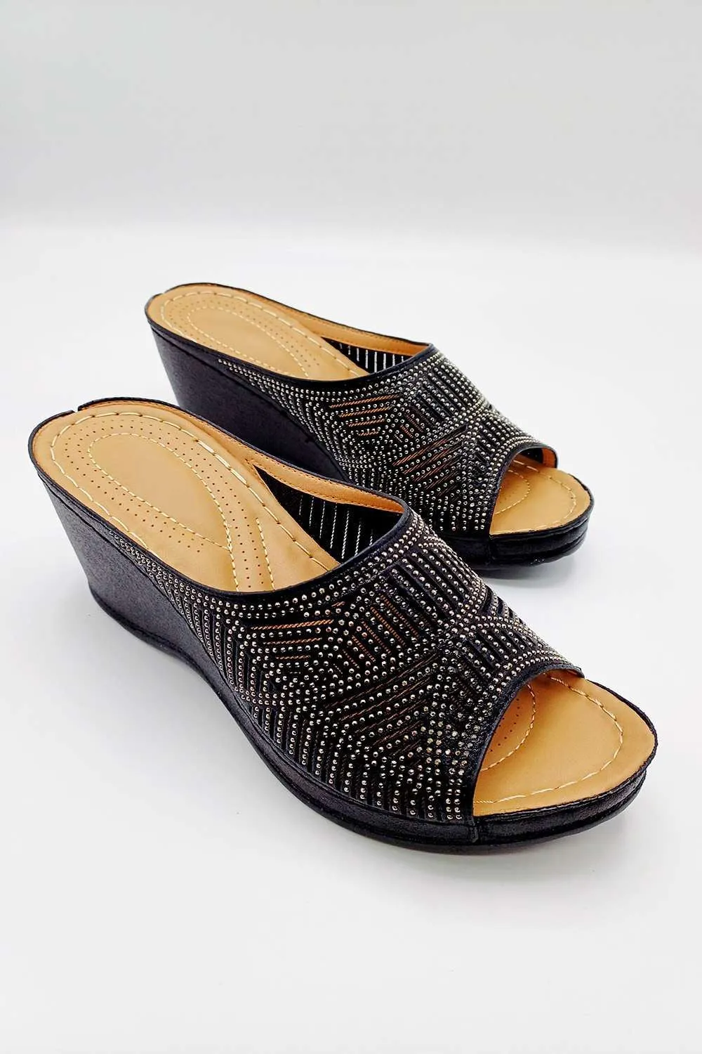 Soleil Diamante Strap Wedges in Black