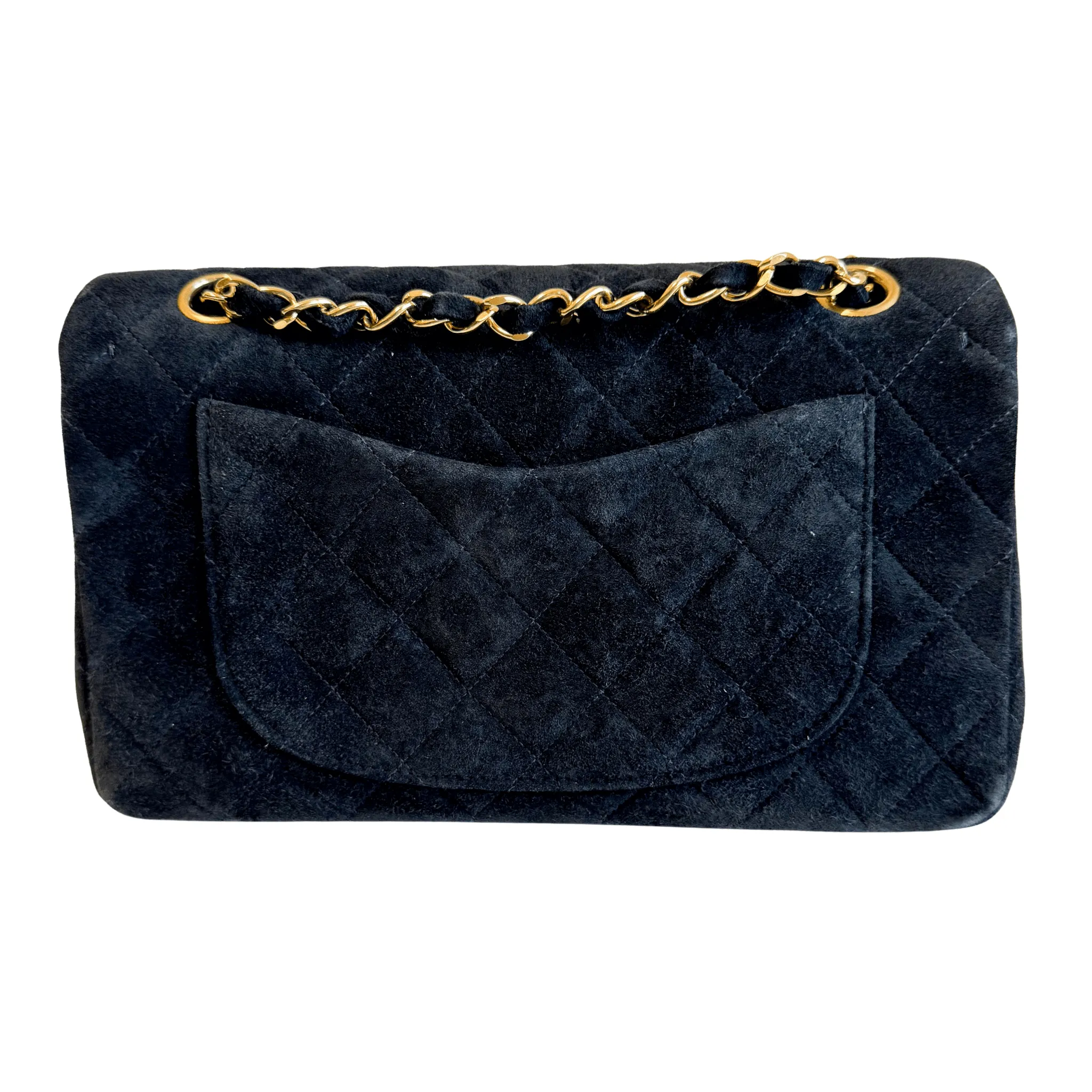 Timeless Classic Suede Double Flap Double Chain Bag Black Gold Hardware