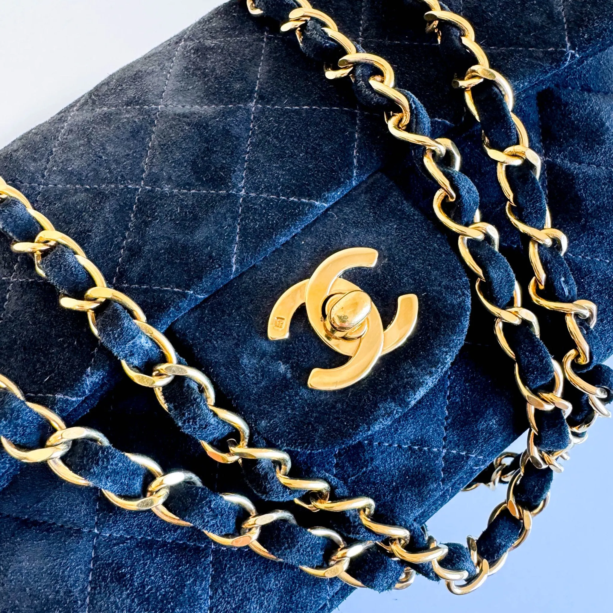 Timeless Classic Suede Double Flap Double Chain Bag Black Gold Hardware