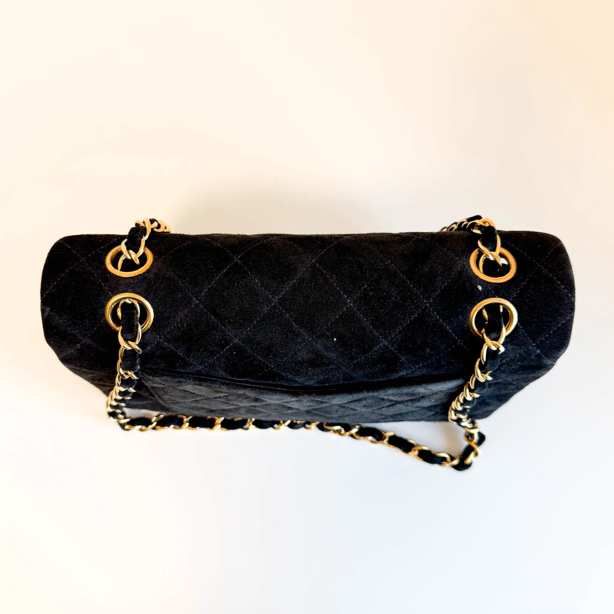 Timeless Classic Suede Double Flap Double Chain Bag Black Gold Hardware