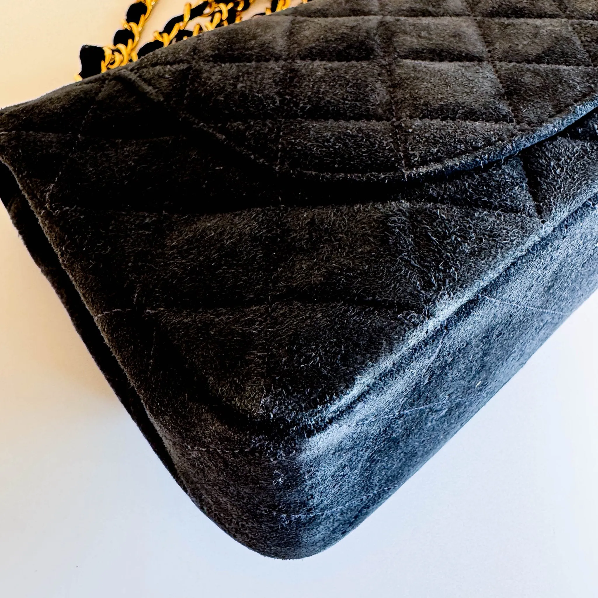 Timeless Classic Suede Double Flap Double Chain Bag Black Gold Hardware