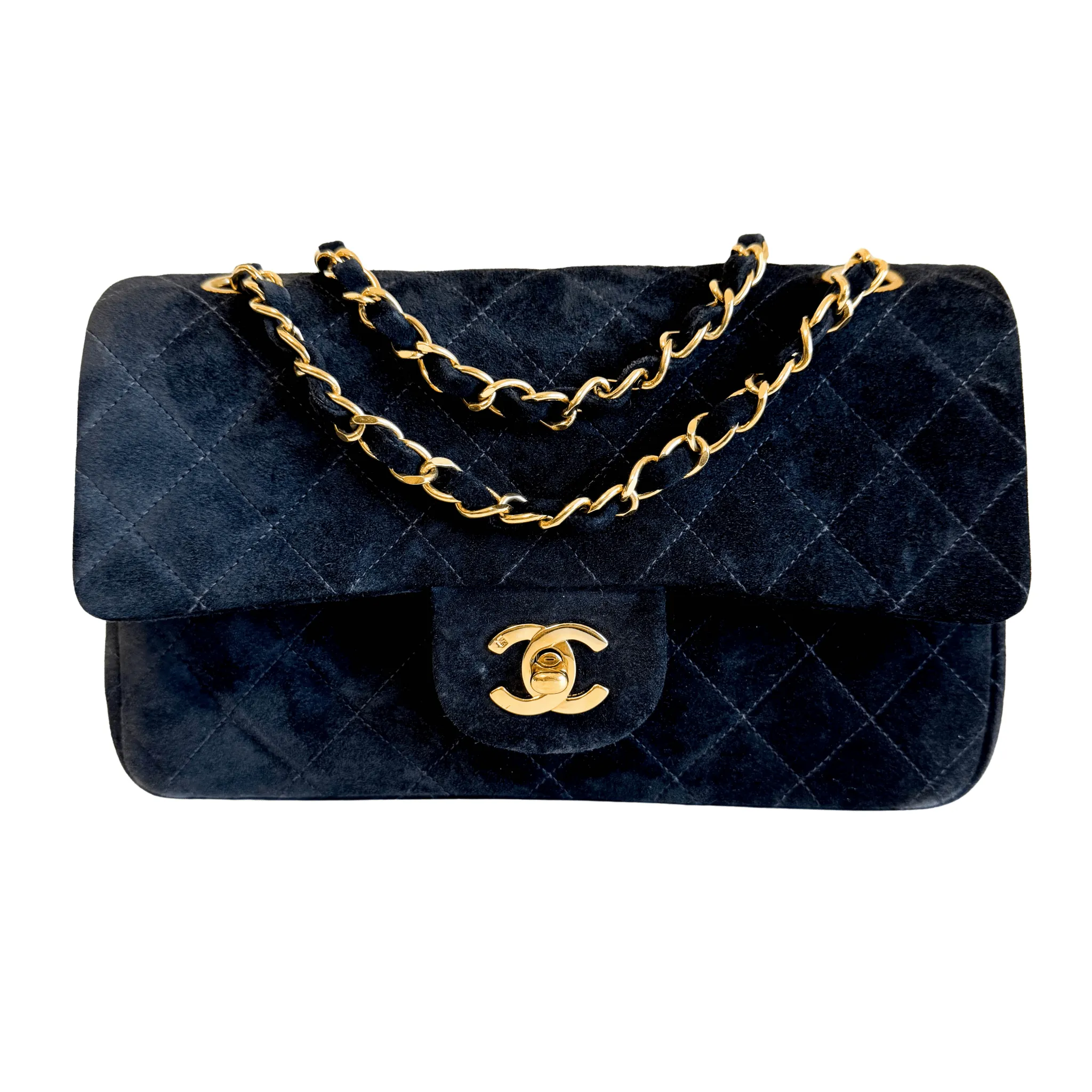 Timeless Classic Suede Double Flap Double Chain Bag Black Gold Hardware