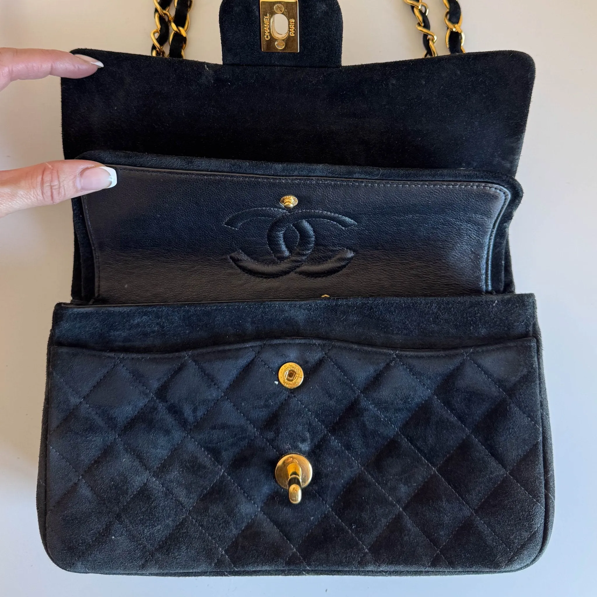 Timeless Classic Suede Double Flap Double Chain Bag Black Gold Hardware