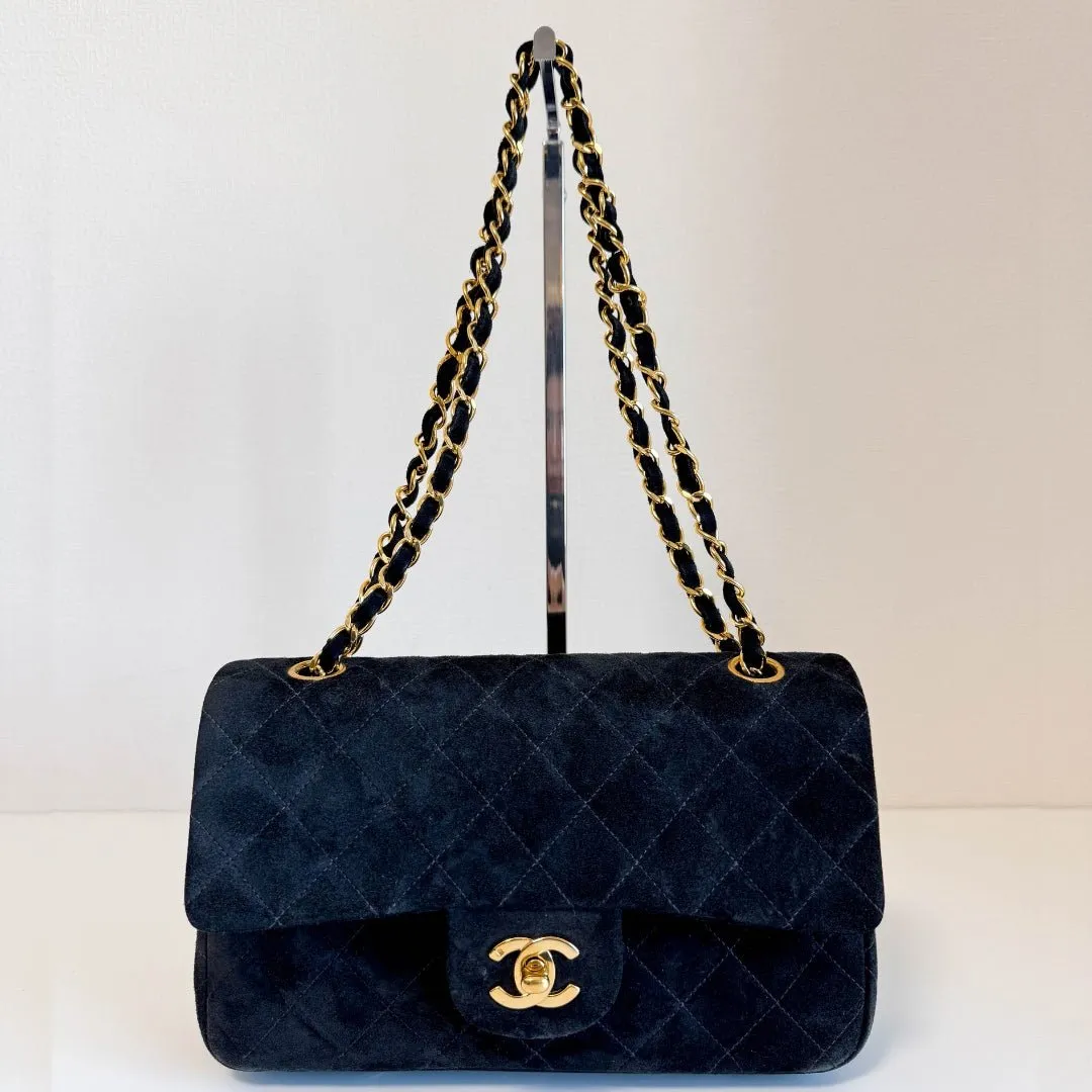 Timeless Classic Suede Double Flap Double Chain Bag Black Gold Hardware