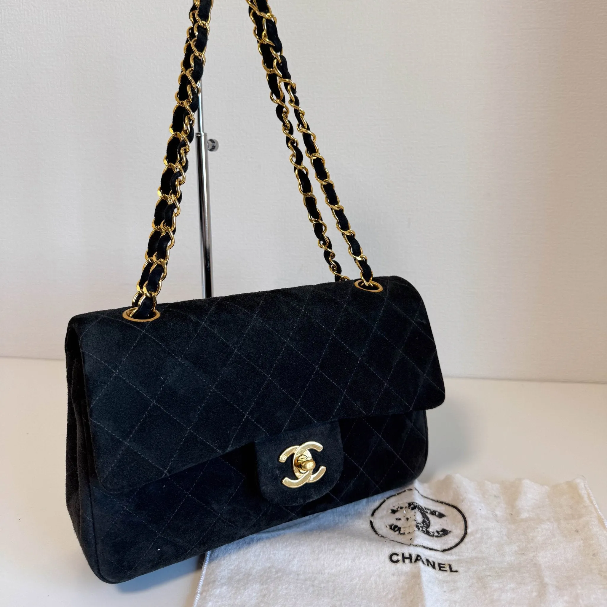 Timeless Classic Suede Double Flap Double Chain Bag Black Gold Hardware
