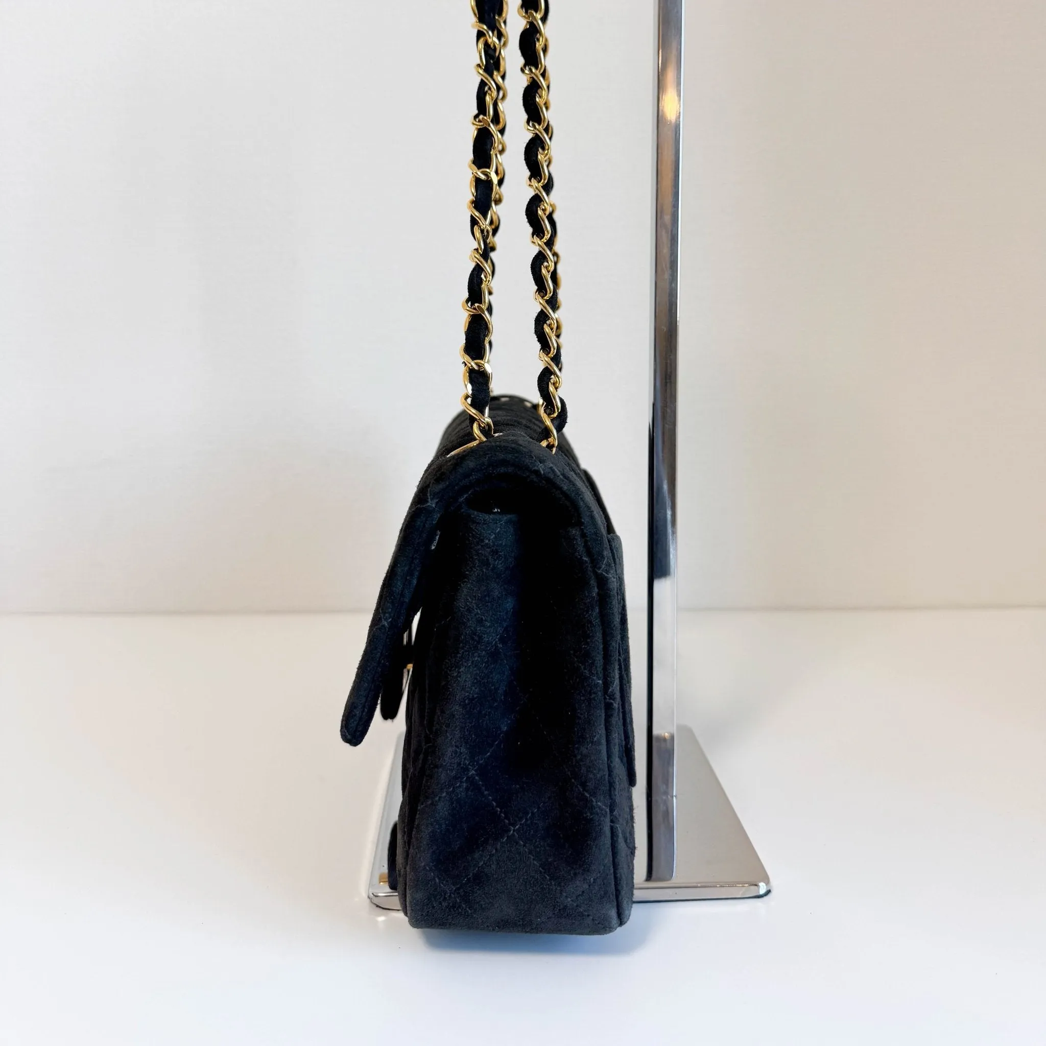 Timeless Classic Suede Double Flap Double Chain Bag Black Gold Hardware
