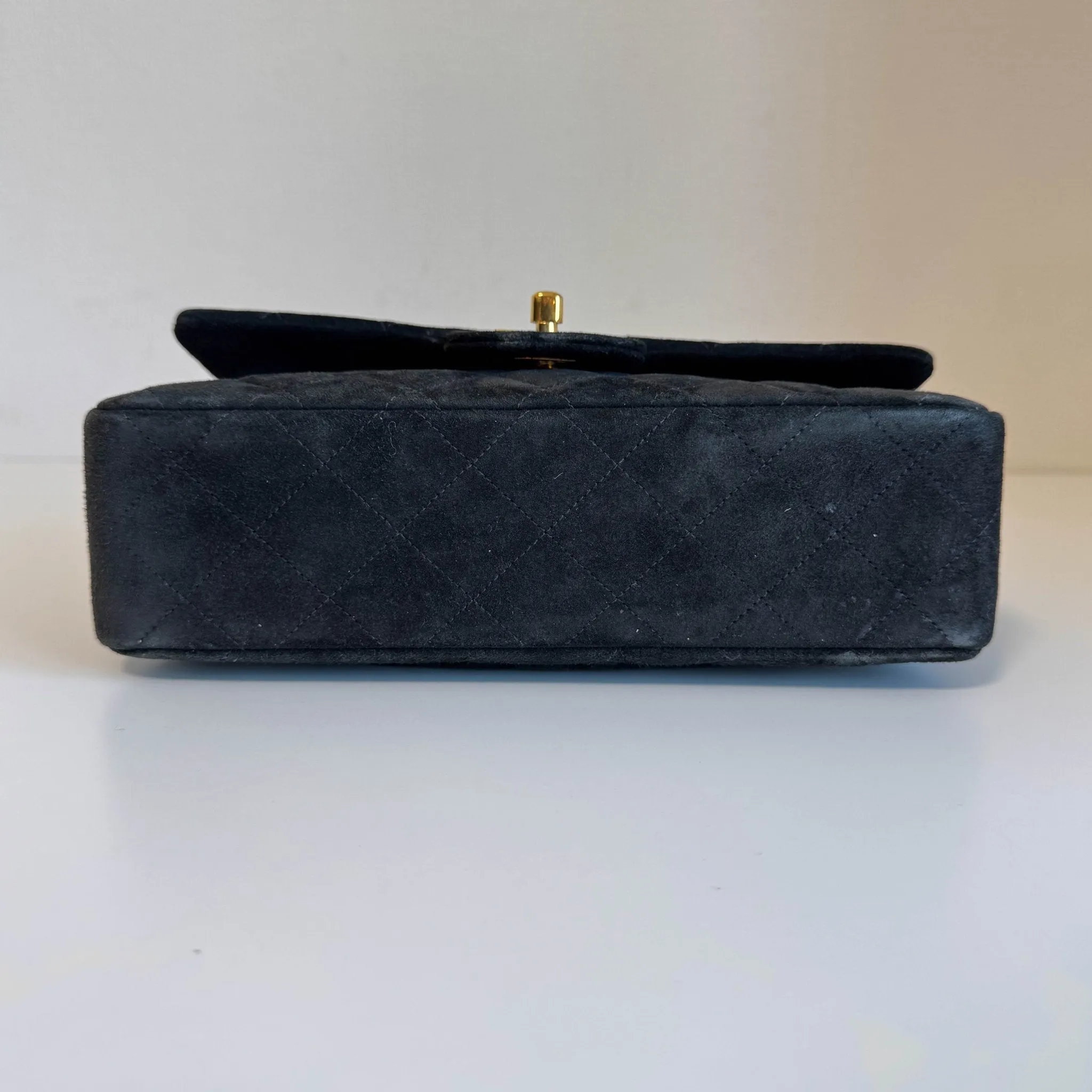 Timeless Classic Suede Double Flap Double Chain Bag Black Gold Hardware