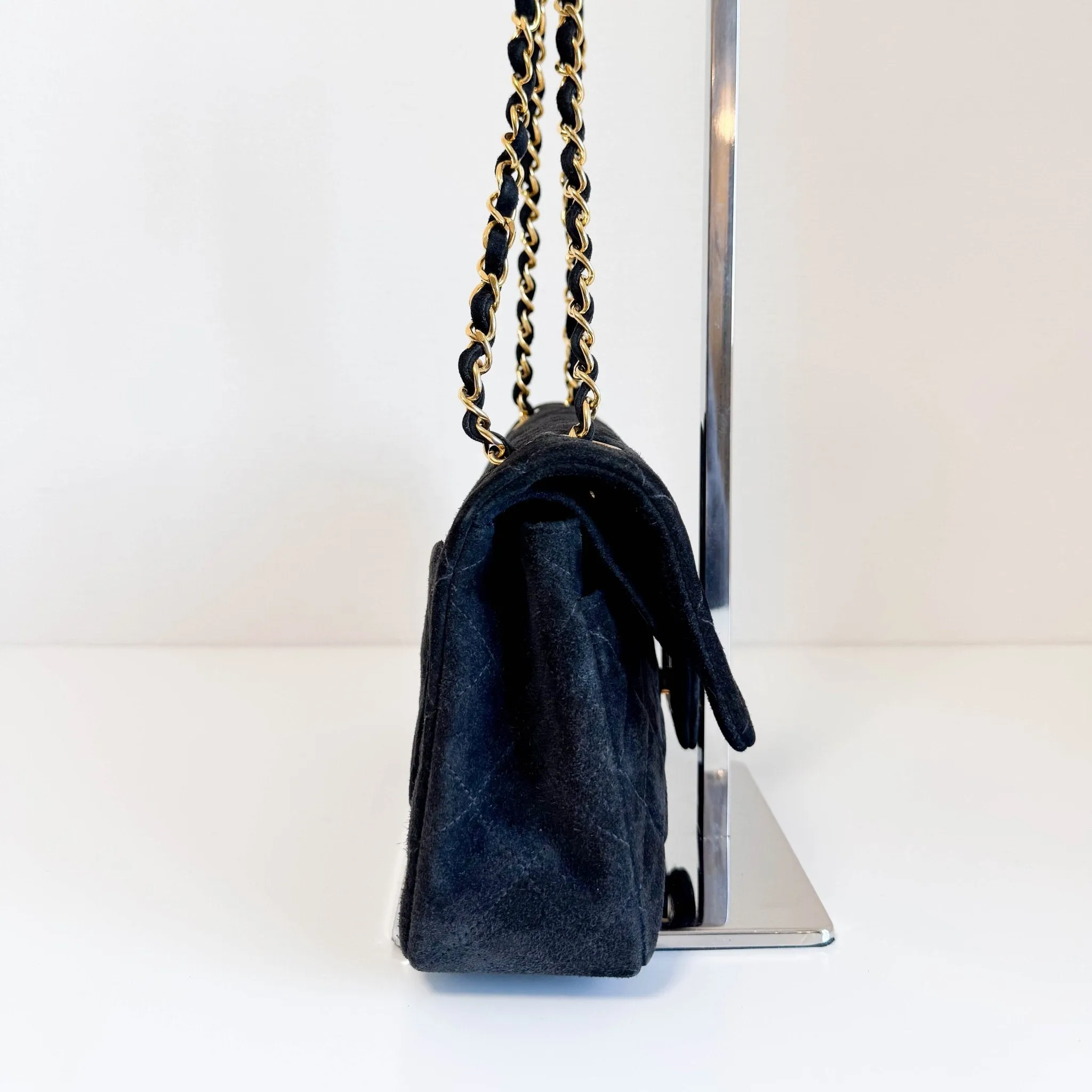 Timeless Classic Suede Double Flap Double Chain Bag Black Gold Hardware
