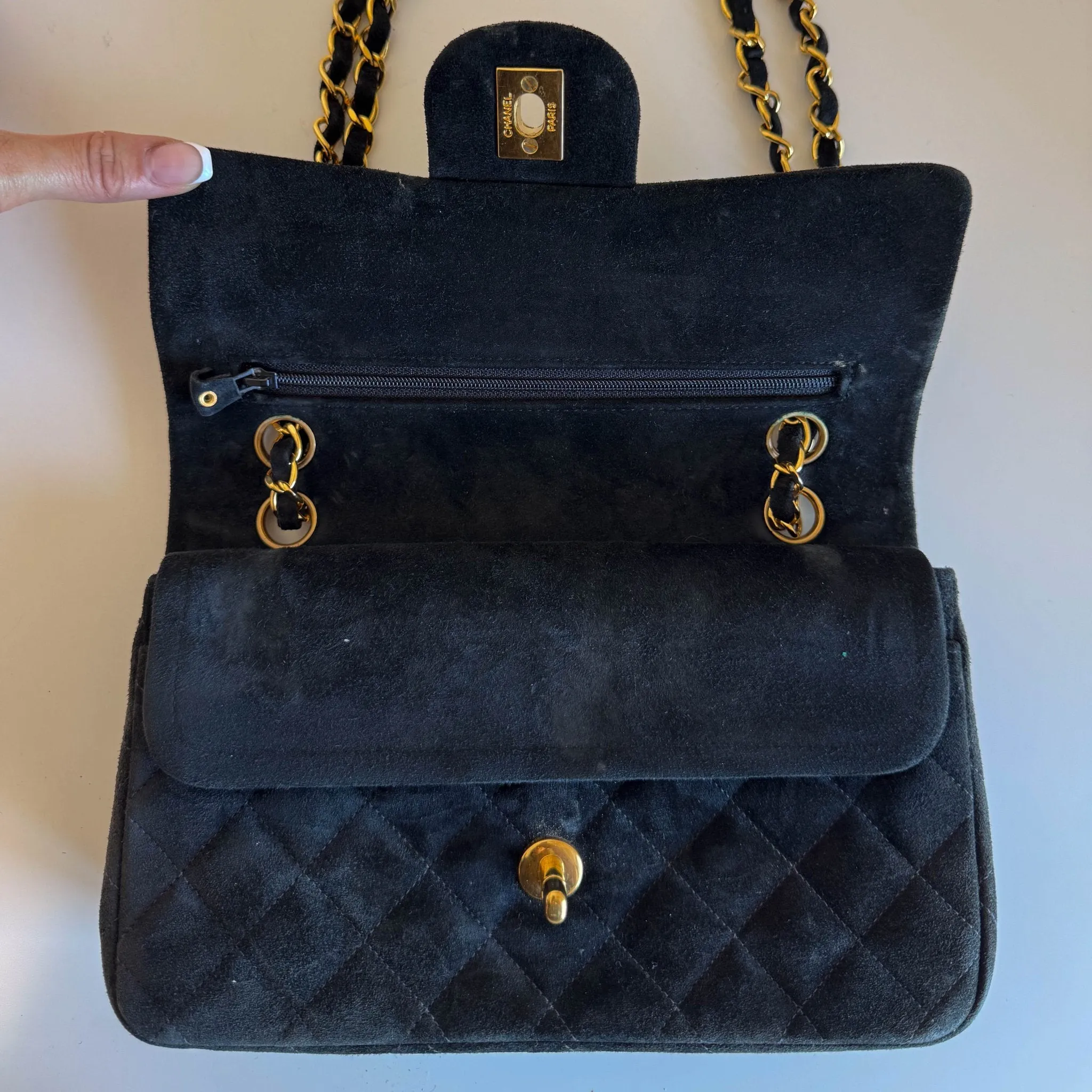 Timeless Classic Suede Double Flap Double Chain Bag Black Gold Hardware