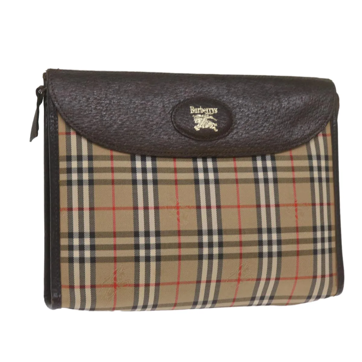 Trendy Inspired Burberryss Nova Check Clutch Bag Canvas Black Beige Auth Yk11236
