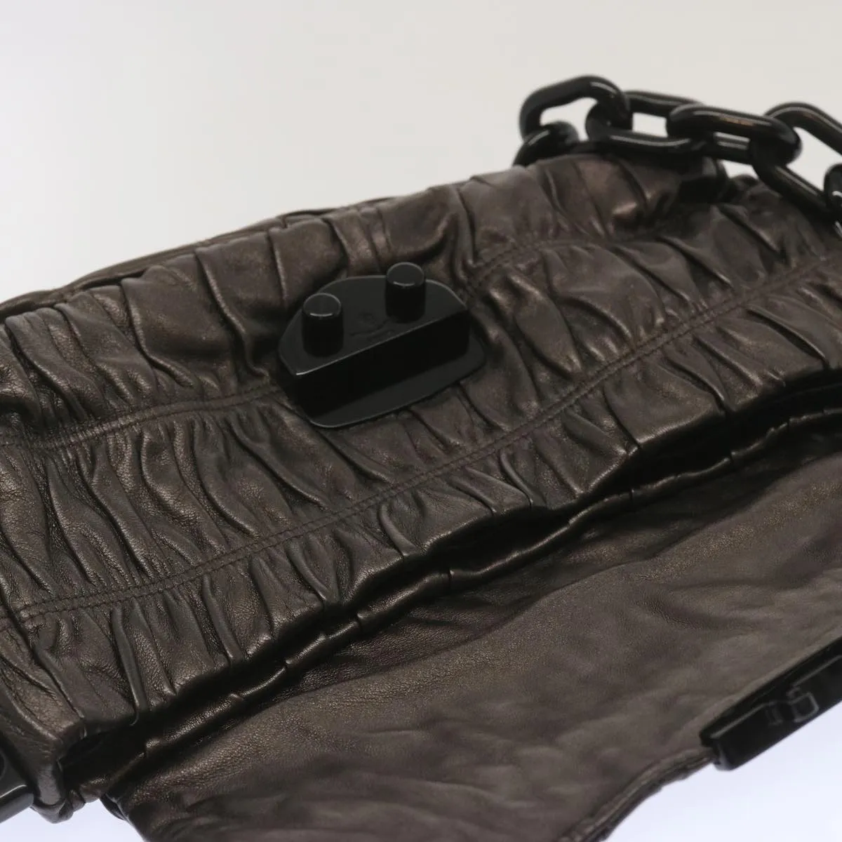 Trendy Inspired Prada Chain Shoulder Bag Leather Gunmetal Auth Hk1132