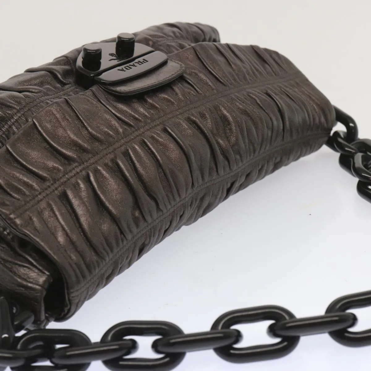 Trendy Inspired Prada Chain Shoulder Bag Leather Gunmetal Auth Hk1132
