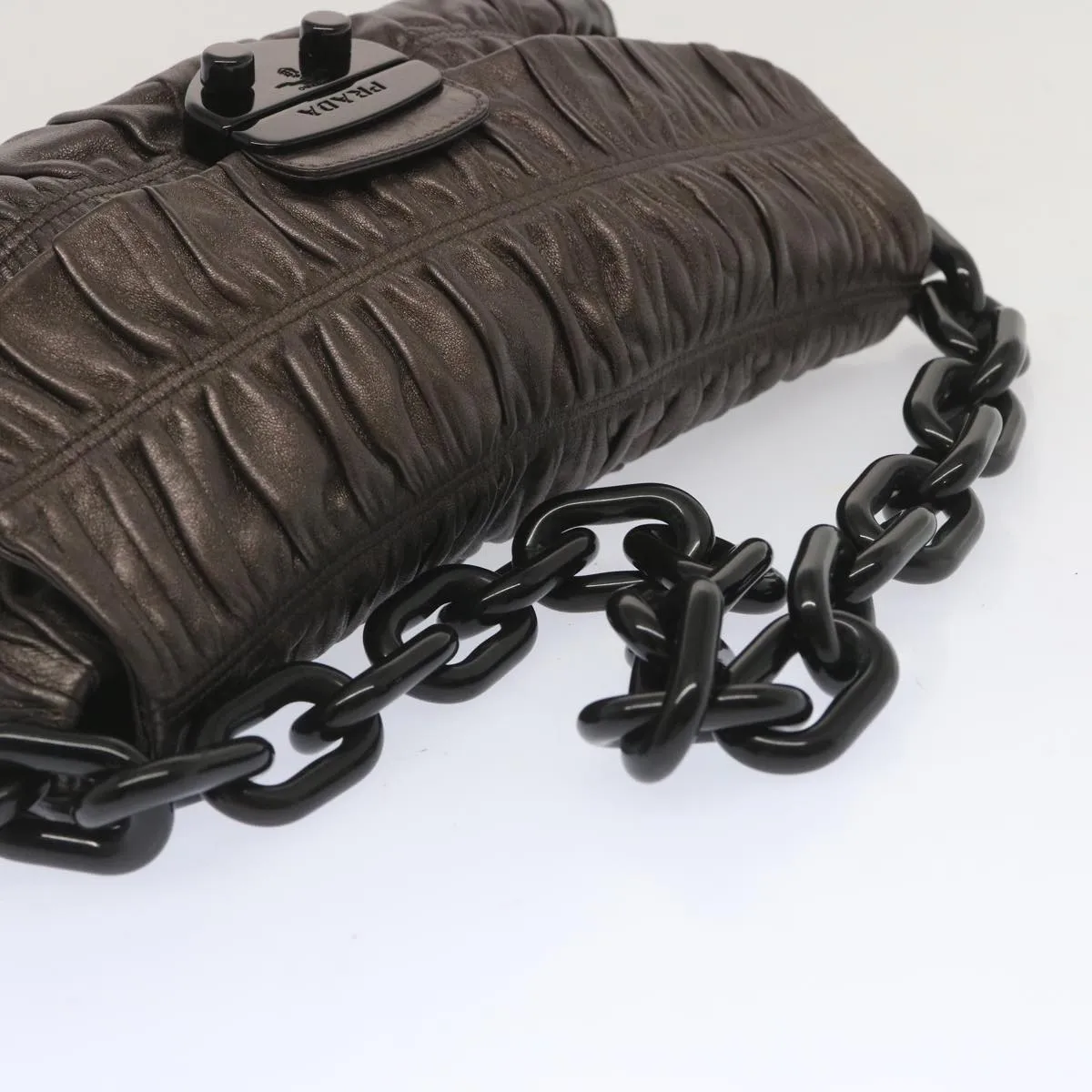 Trendy Inspired Prada Chain Shoulder Bag Leather Gunmetal Auth Hk1132