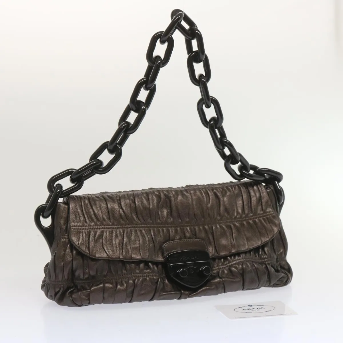 Trendy Inspired Prada Chain Shoulder Bag Leather Gunmetal Auth Hk1132