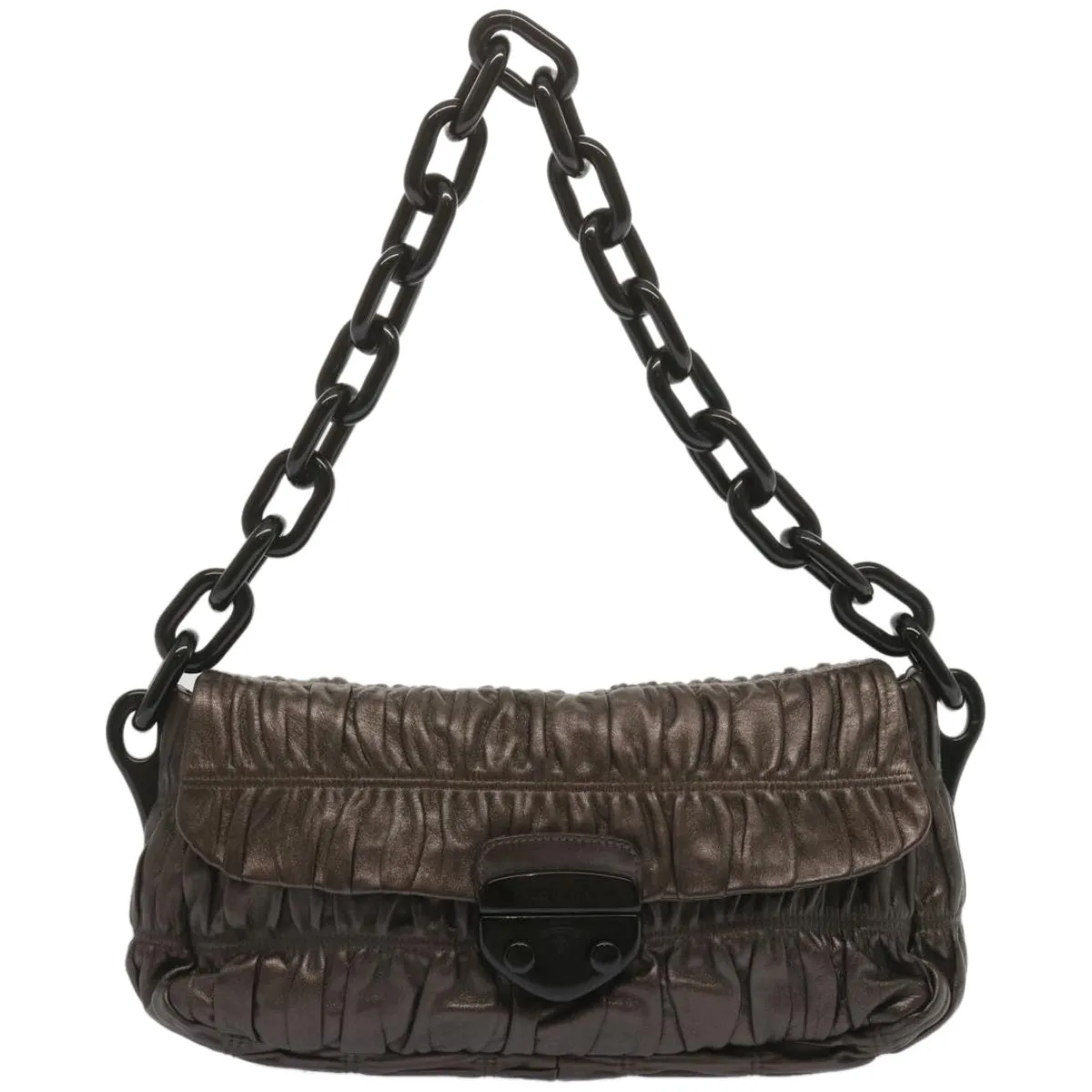 Trendy Inspired Prada Chain Shoulder Bag Leather Gunmetal Auth Hk1132